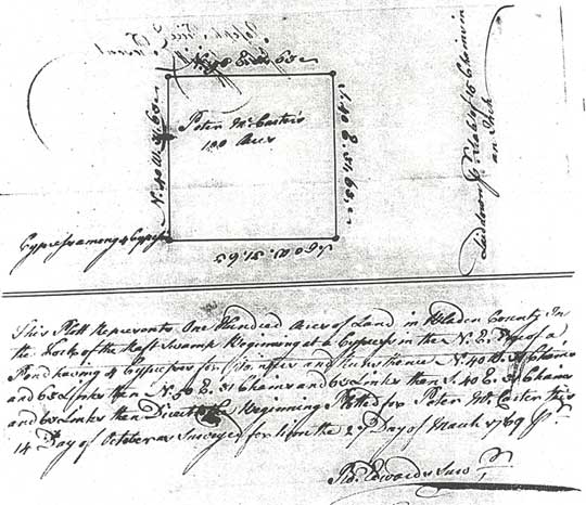 Plat for Peter McArthur 100 Acres in fork of Raft Swamp dated 1769